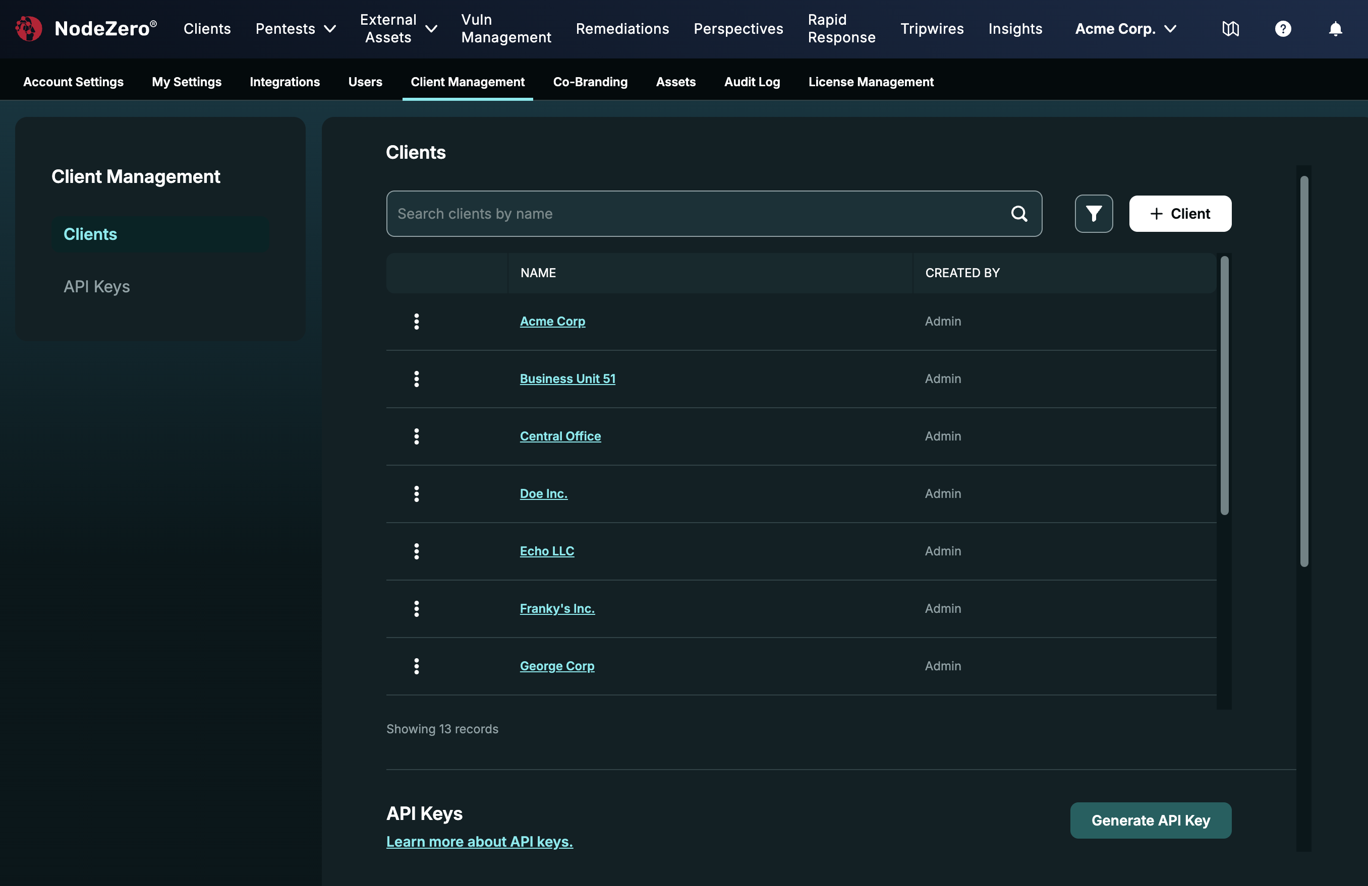 Managing a parent account's multiple clients from the Client Management page.