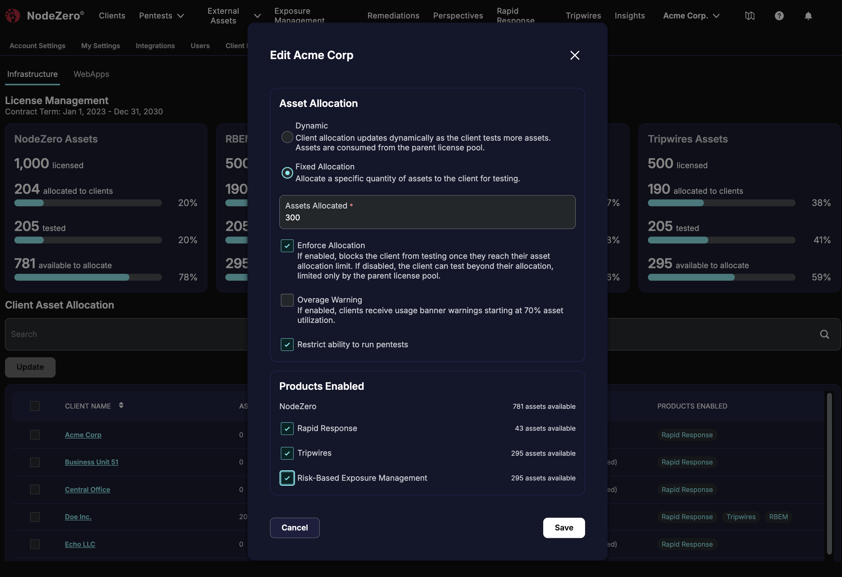 Edit Client(s) modal, showing Asset Allocation controls and Products Enabled