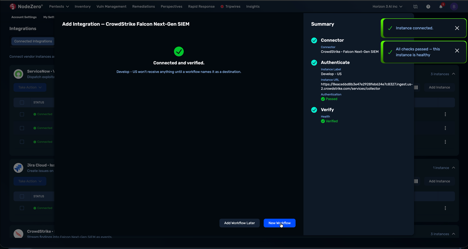The "Verify" step showing "Connected and verified," the completed "Summary" panel with "Authentication Passed" and "Health Verified," and the "Add Workflow Later" and "New Workflow" buttons.