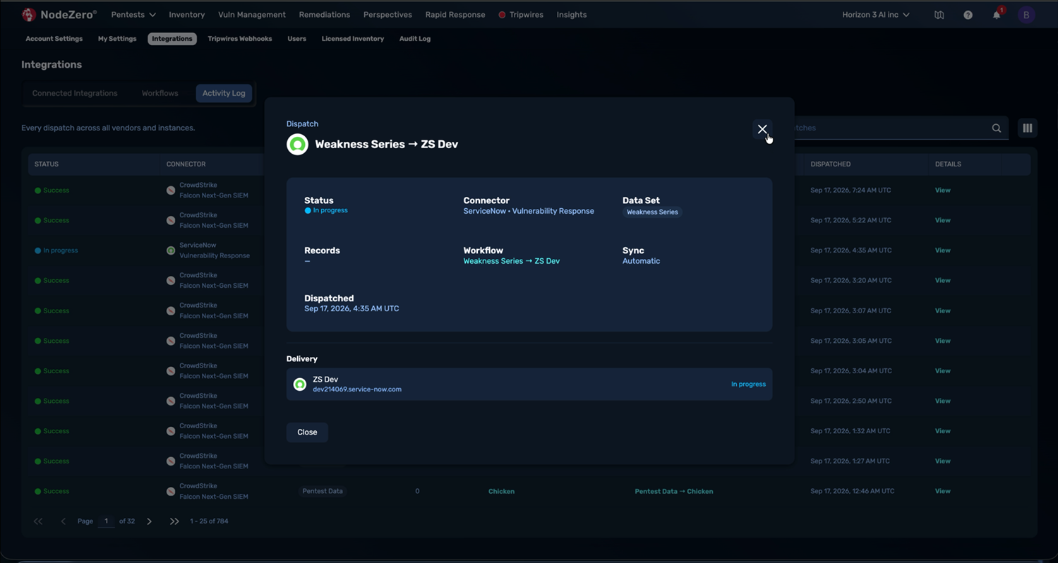 The dispatch detail page showing "Status," "Connector," "Data Set," "Records," "Workflow," "Sync," and "Dispatched," above a "Delivery" section listing the destination instance and its status.