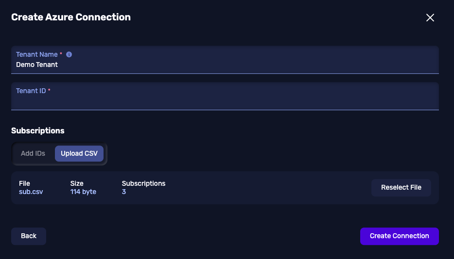 Create Azure Connection form showing an uploaded CSV file with 3 subscriptions detected.