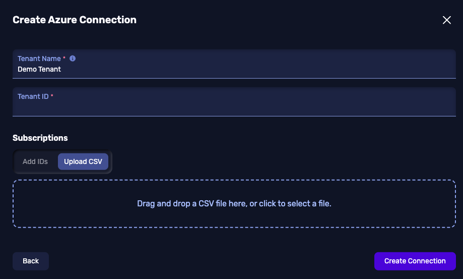 Create Azure Connection form showing the Upload CSV tab with a drag-and-drop zone.