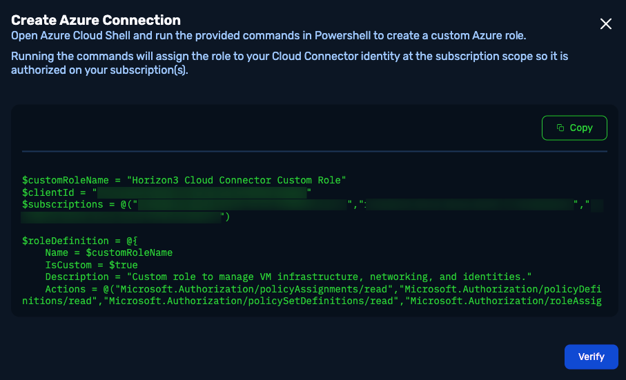 Create Azure Connection modal showing the PowerShell script with a Copy button and a Verify button.
