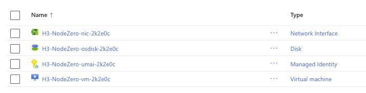 Azure resource group listing four H3-NodeZero resources: a network interface, disk, managed identity, and virtual machine.