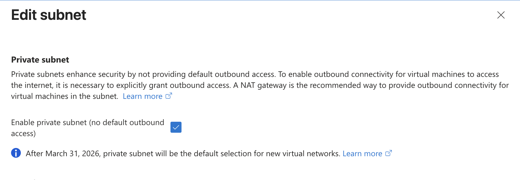 Azure Edit subnet panel showing the Enable private subnet checkbox checked.
