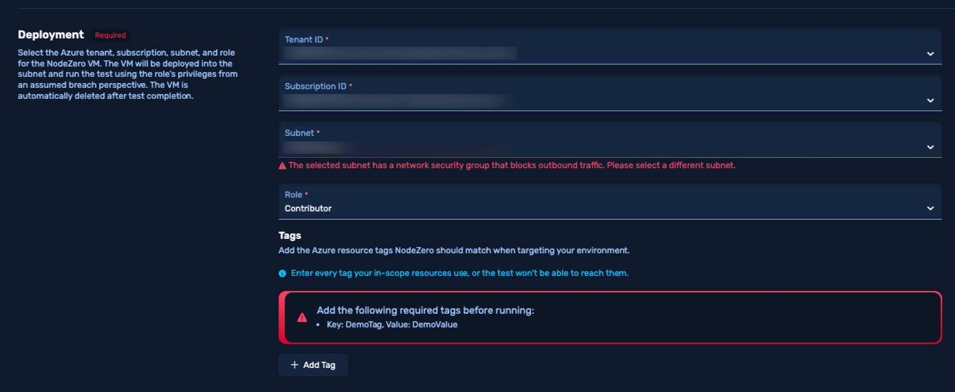 Deployment section showing both the NSG blocking error on the subnet and the required tags banner.
