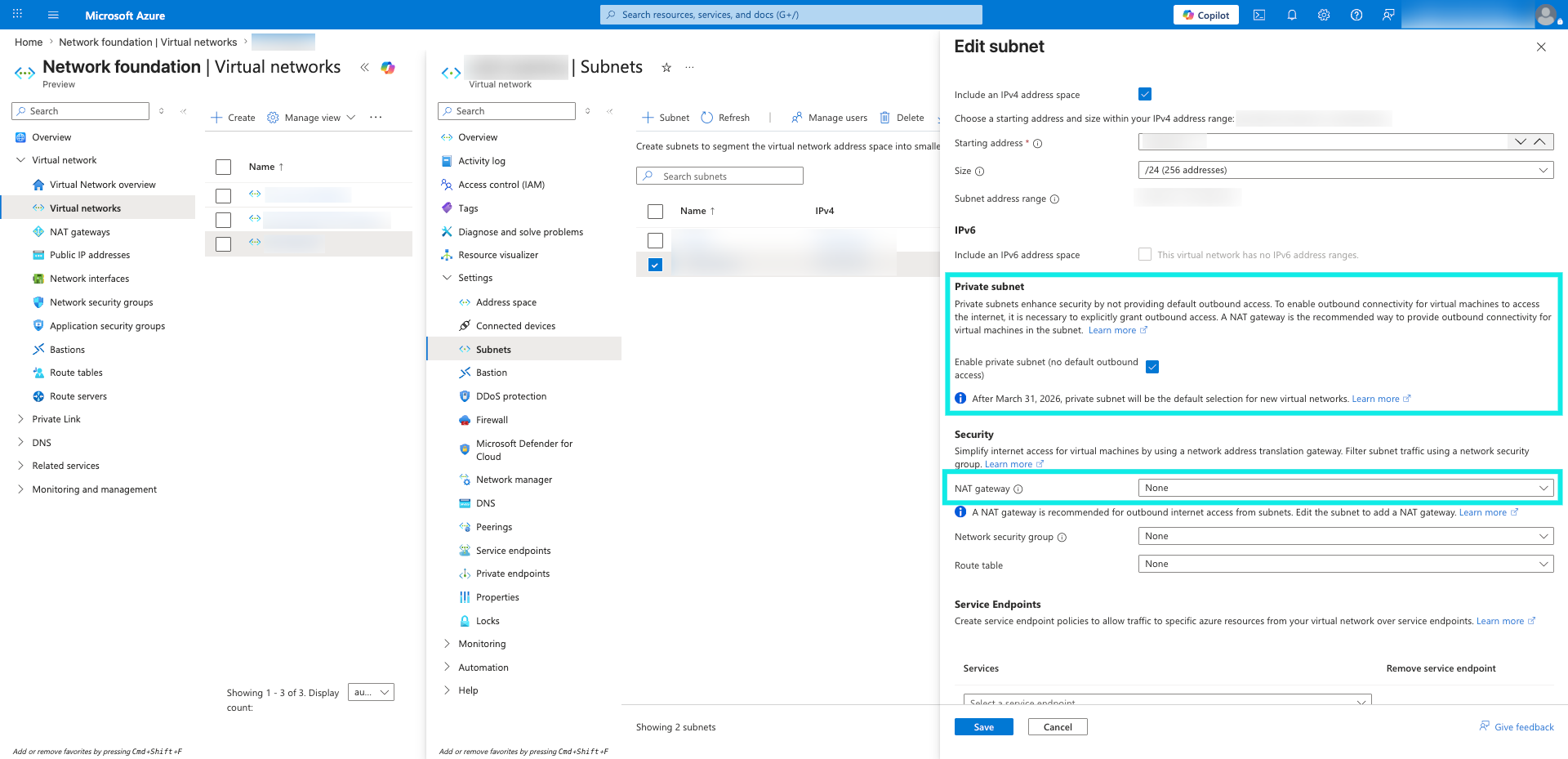 Azure virtual network subnet edit panel showing the Private subnet and NAT gateway settings.