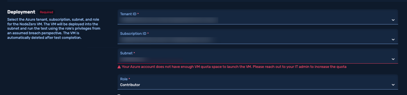 Deployment section showing the VM quota error beneath the Subnet dropdown.