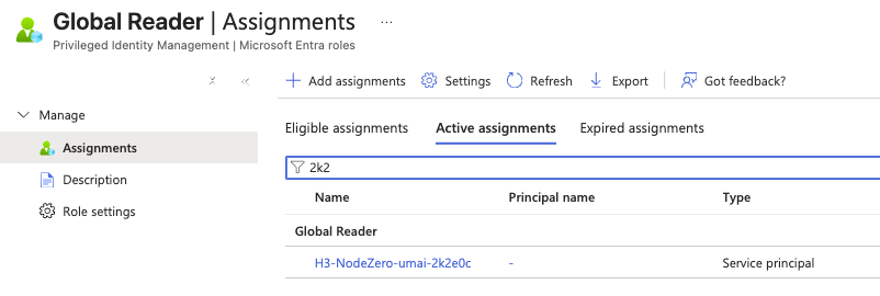 Entra ID Global Reader Assignments page showing the H3-NodeZero managed identity as a service principal with an active assignment.