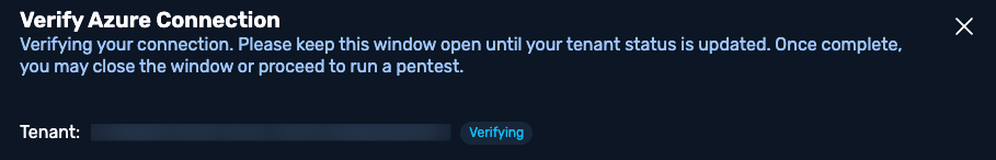 Verify Azure Connection modal showing a Verifying status for the tenant.