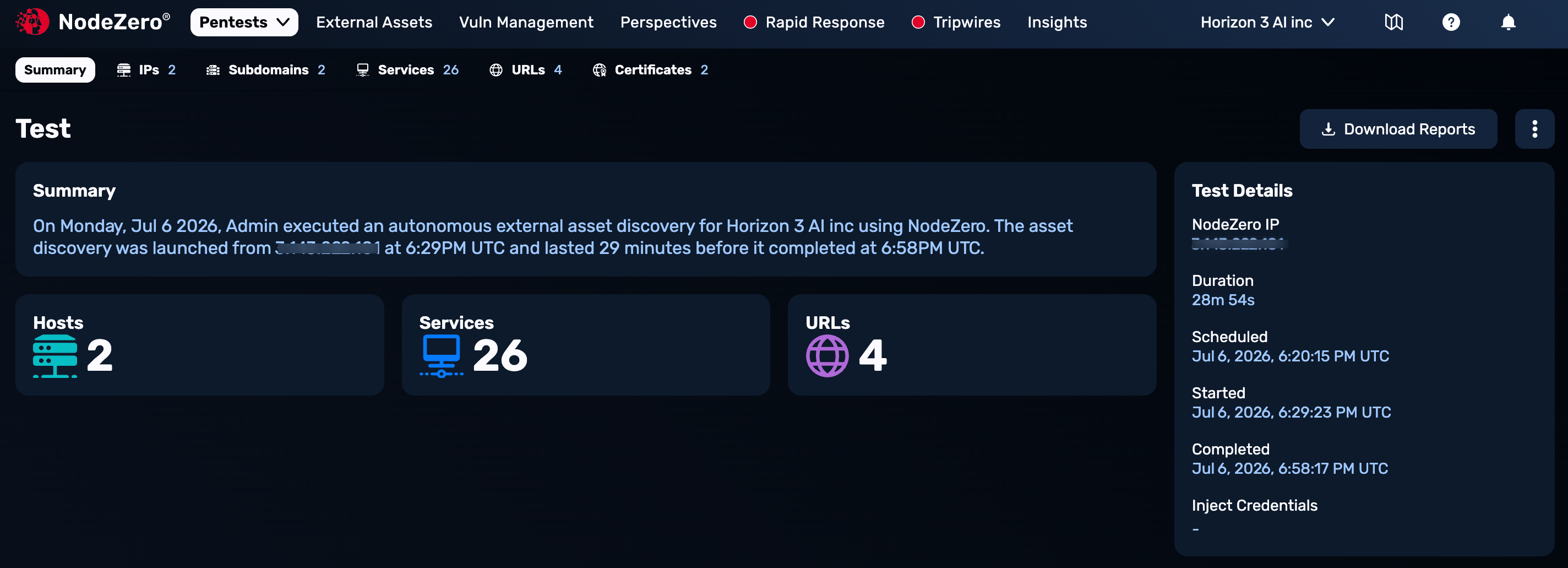 Example Pentests > Summary page, showing counts of Hosts, Services, and URLs discovered, along with the discovery test's NodeZero IP address and timestamps.