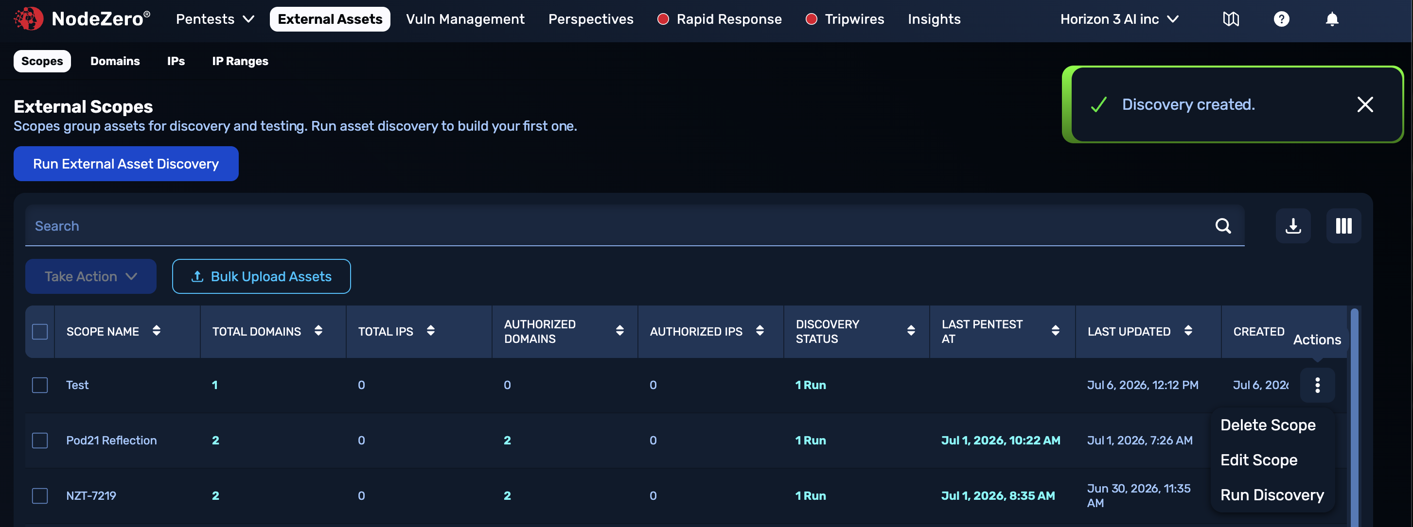 NodeZero Portal with focus on "External Assets" top link and "Scopes" lower tab, and green "Discovery created" transient confirmation banner at upper right. In the "External Scopes" table below this, the first "Test" row's right Actions menu is opened to show "Delete Scope," "Edit Scope," and "Run Discovery" options.