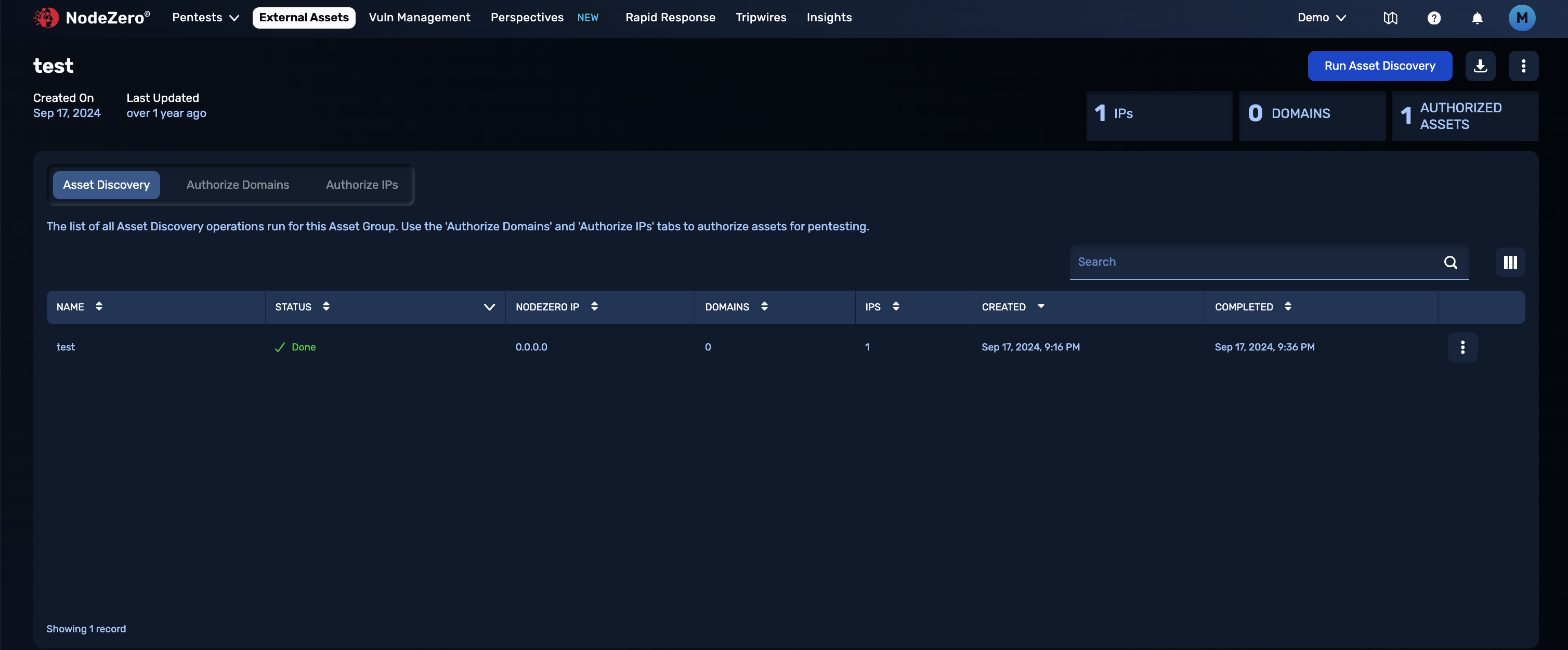 The asset discovery detail view has a table with name, status, nodezero IP, domains and IPs info.