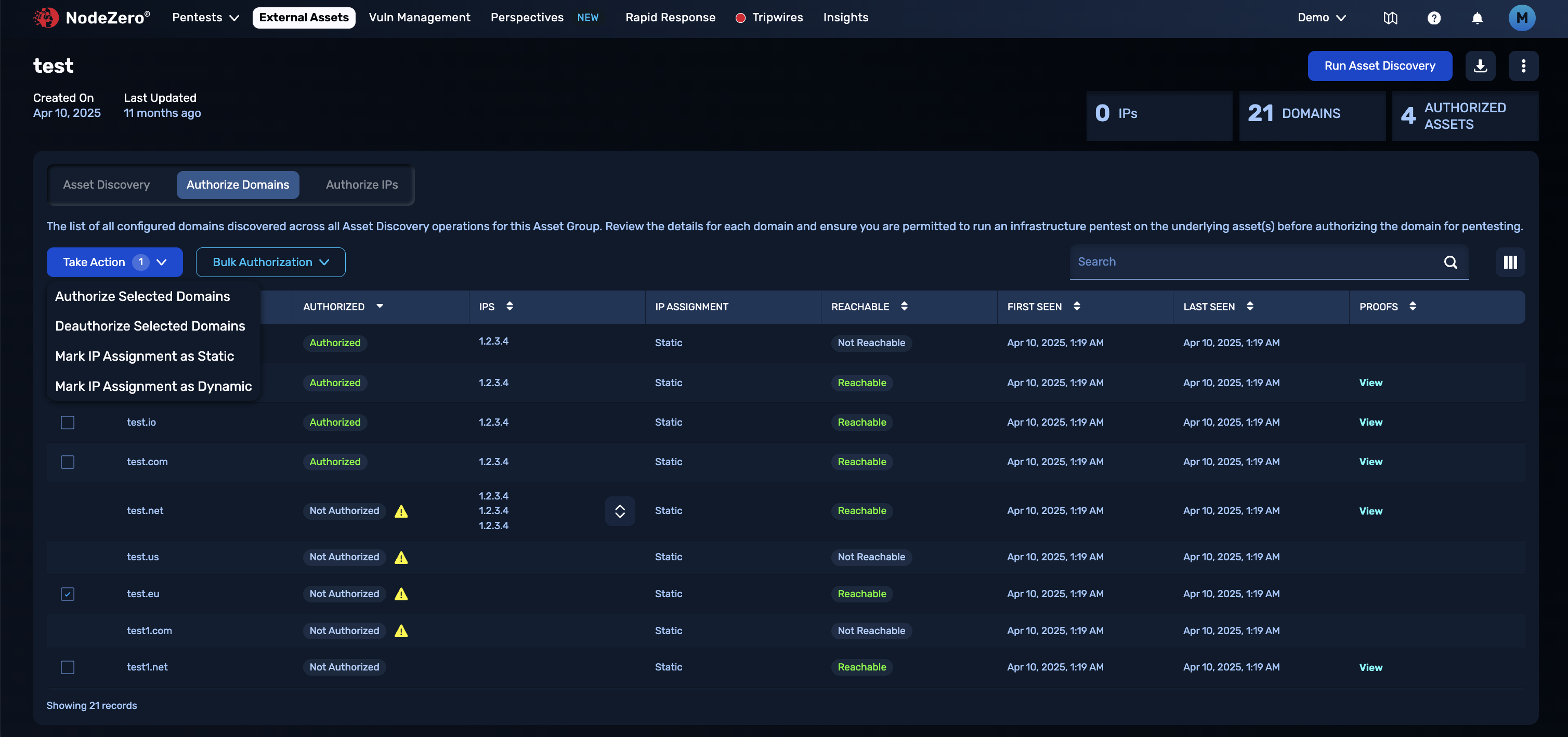 The authorize domains detail view has a table with check boxes next to each domain for user action.