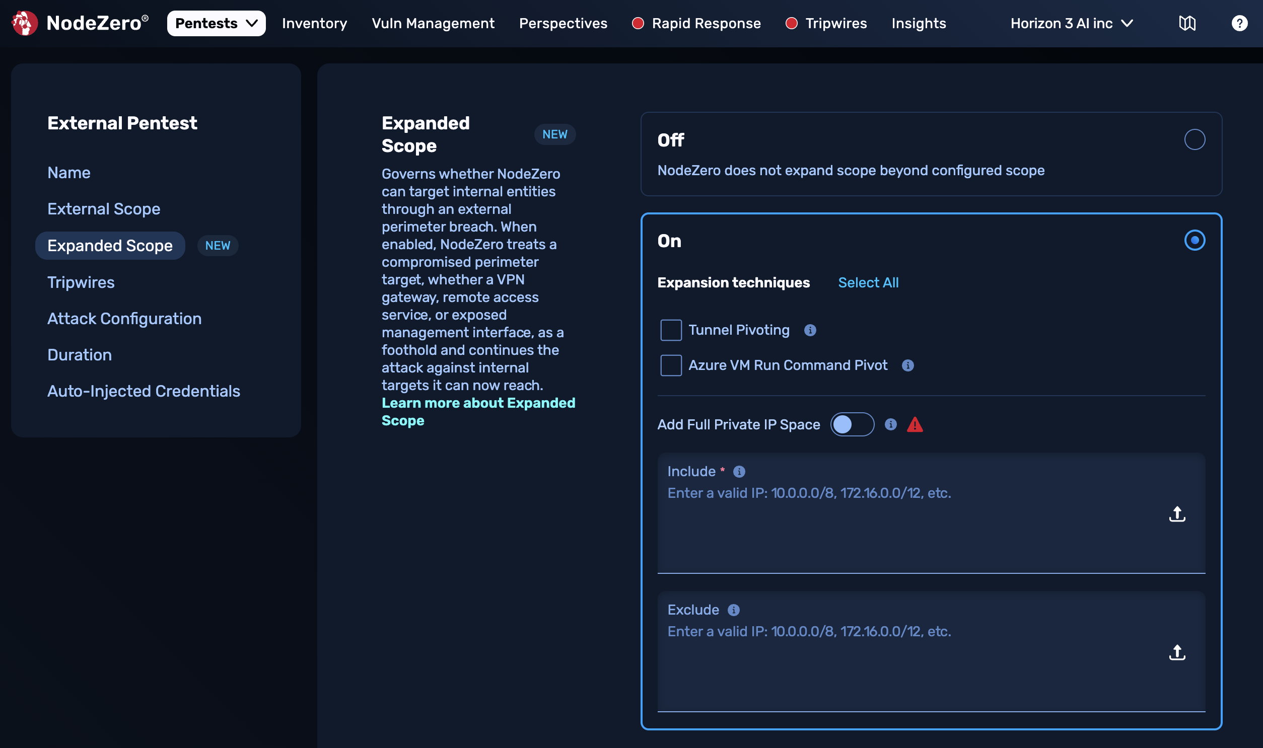External Pentest form - Expanded Scope section with "On" radio button selected, check boxes for "Tunnel Pivoting" and "Azure VM Run Command Pivot" techniques; and an "Add Full Private IP Space" slider with Include and Exclude fields.