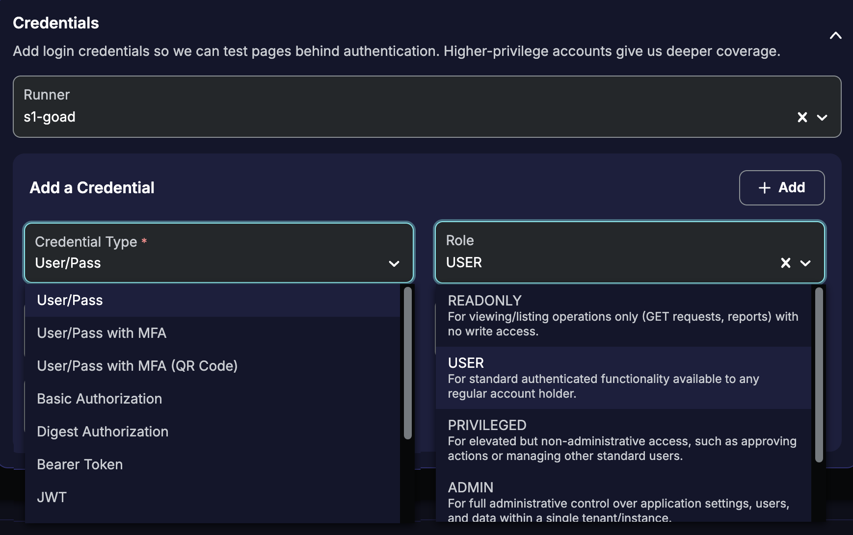 Configure Custom Web Application page's bottom **Add a Credential** sections – composite screenshot showing both the Credential Type and Role drop-downs unfurled