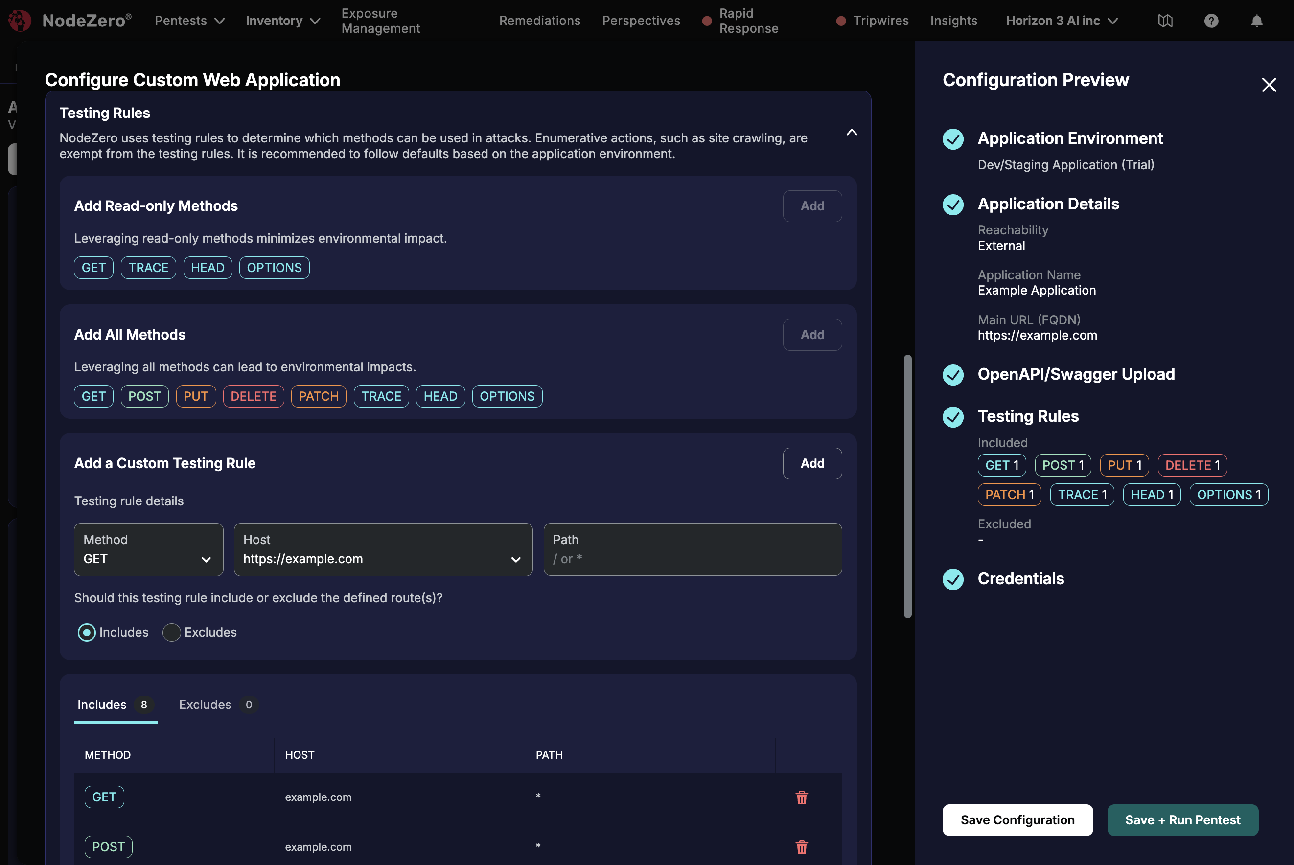 Configure Custom Web Application page's middle sections – Testing Rules predefined methods categories and Includes/Excludes controls