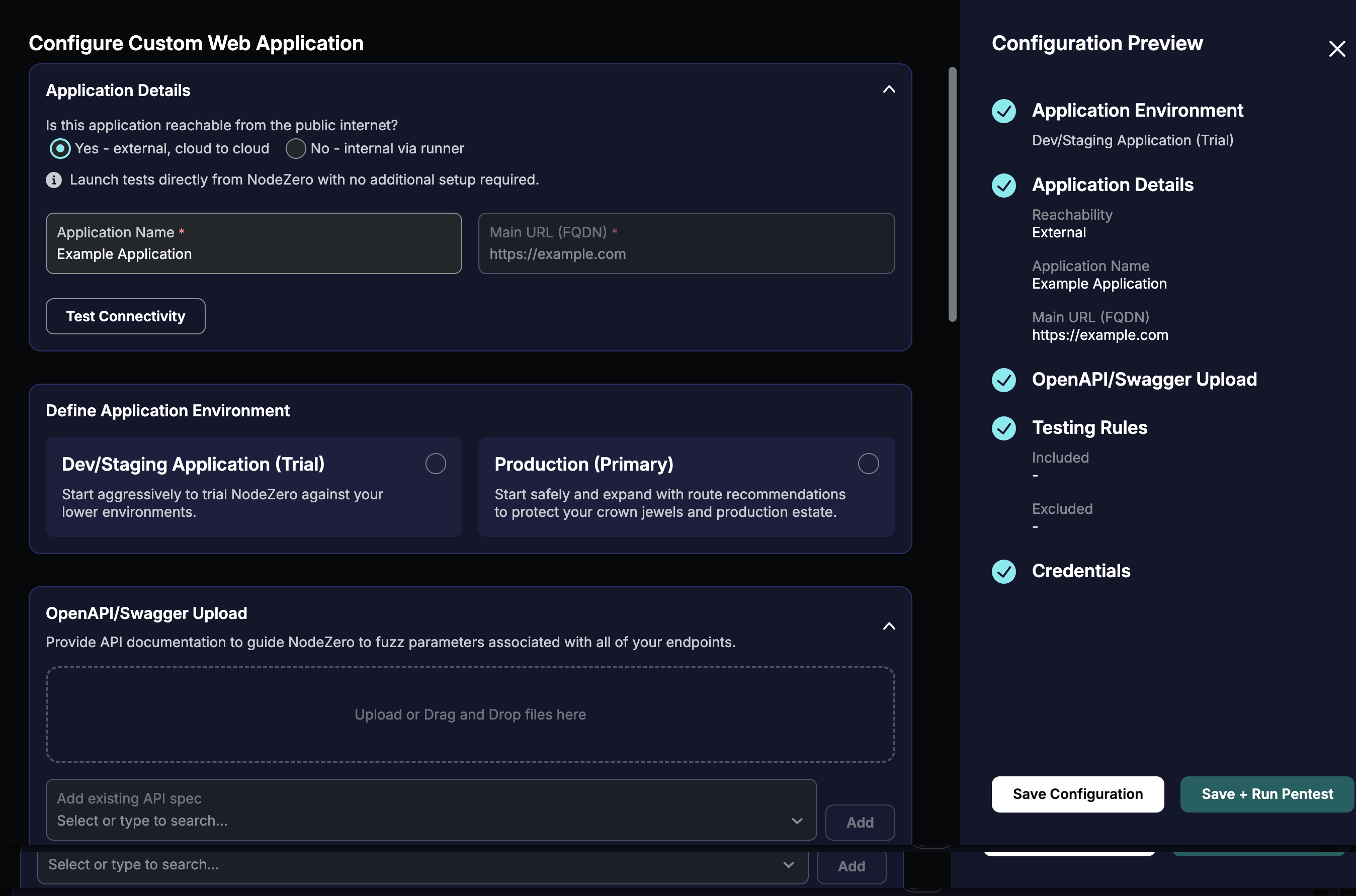 Configure Custom Web Application page's top few sections – Application Details, Application Environment, and OpenAPI/Swagger Upload panels